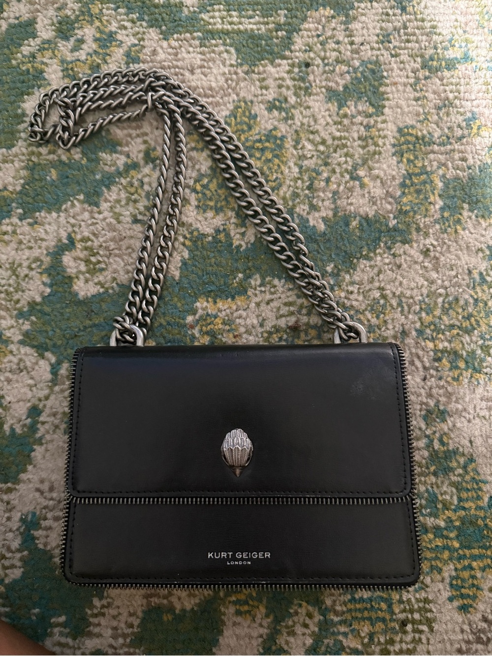 Kurt Geiger Black Leather Crossbody with Silver Chain